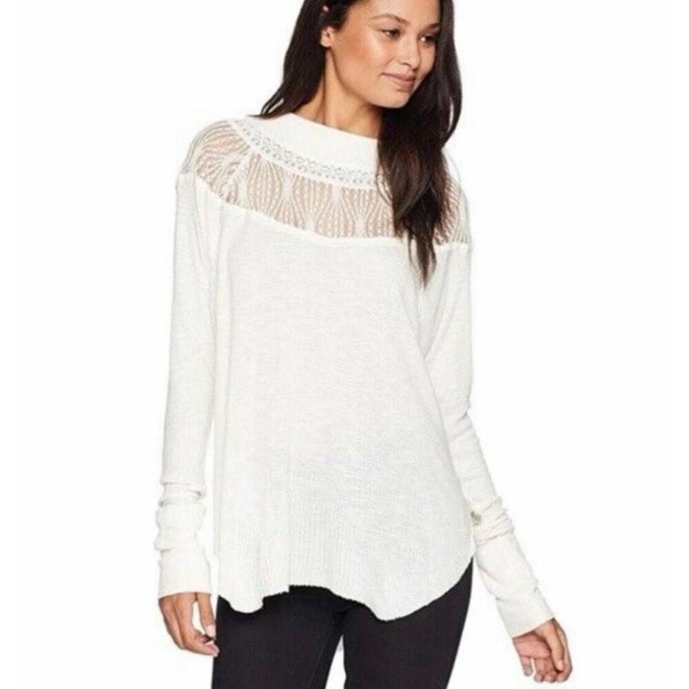 Free People Oversized Off White Spring Valley Lace Trim Waffle Knit Top XS